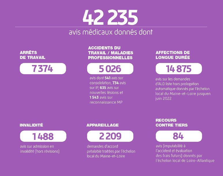 44403 avis médicaux donnés dont
7208 avis ARRÊTS DE TRAVAIL
5941 avis ACCIDENTS DU TRAVAIL / MALADIES PROFESSIONNELLES dont 521 avis sur consolidation, 810 avis sur IP, 1422 avis sur nouvelles lésions et 1291 avis sur reconnaissance MP
15793 AFFECTIONS LONGUES DURÉE (avis sur les demandes d'ALD liste hors prolongation automatique) donnés par l'échelon local du Maine-et-Loire
1459 avis sur admission en INVALIDITÉ (hors révisions)
2281 demande d'accord préalable APPAREILLAGE traités par l'échelon du Maine-et-Loire
131 avis de RECOURS CONTRE TIERS donnés par l'échelon local de Loire-Atlantique
